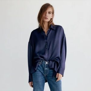 Zara Oversized Satin Effect Navy Blue Shirt